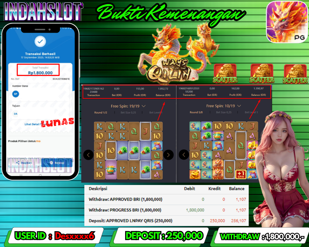 INDAHSLOT WAYS OF THE QILIN 1 Rp 1.800,000,- LUNAS!!