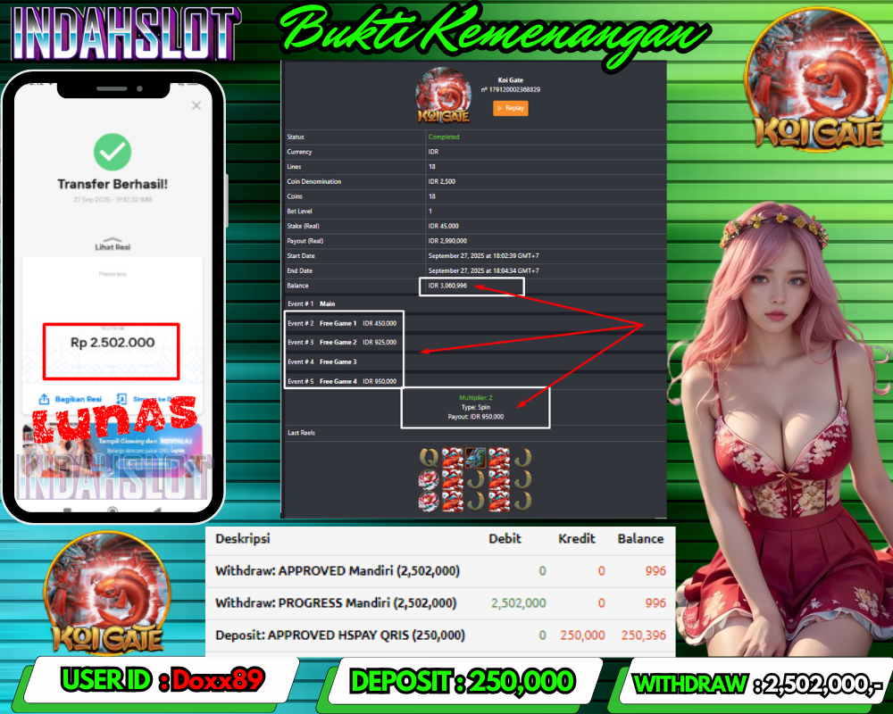 INDAHSLOT KOI GATE Rp 2.502,000,- LUNAS!!