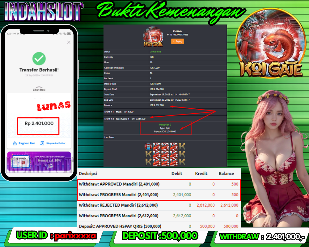 INDAHSLOT KOI GATE Rp 2.401,000,- LUNAS!!