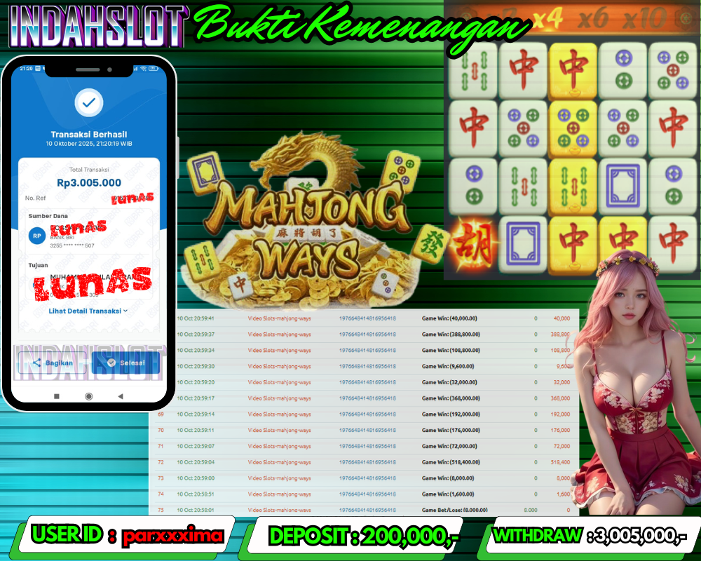 INDAHSLOT MAHJONG WAYS  Rp 3,005,000,- LUNAS!!