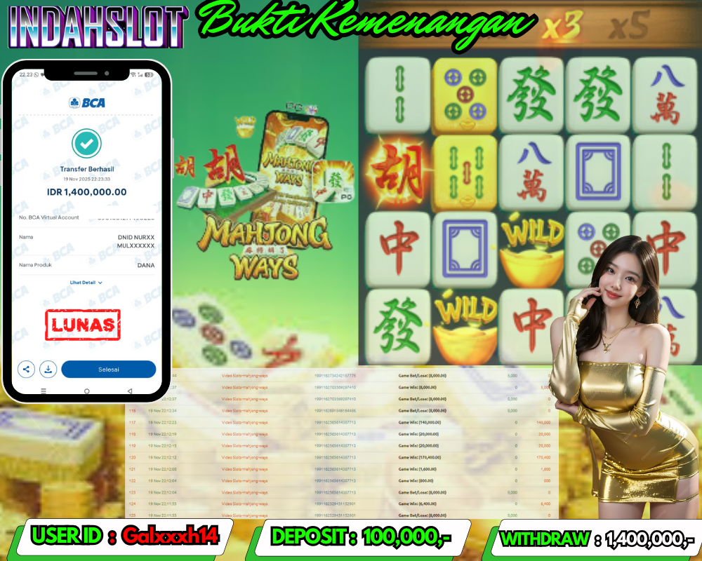 INDAHSLOT MAHJONG WAYS Rp. 1,400,000,LUNAS