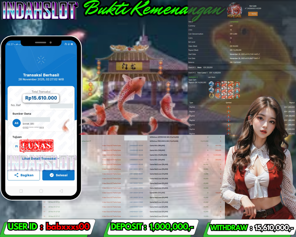 INDAHSLOT KOI GATE Rp. 15,610,000,LUNAS